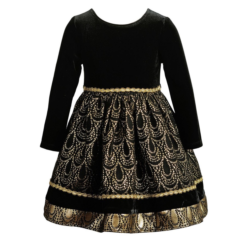 Youngland Girls Black Velvet Dress with Gold Trim Size 5